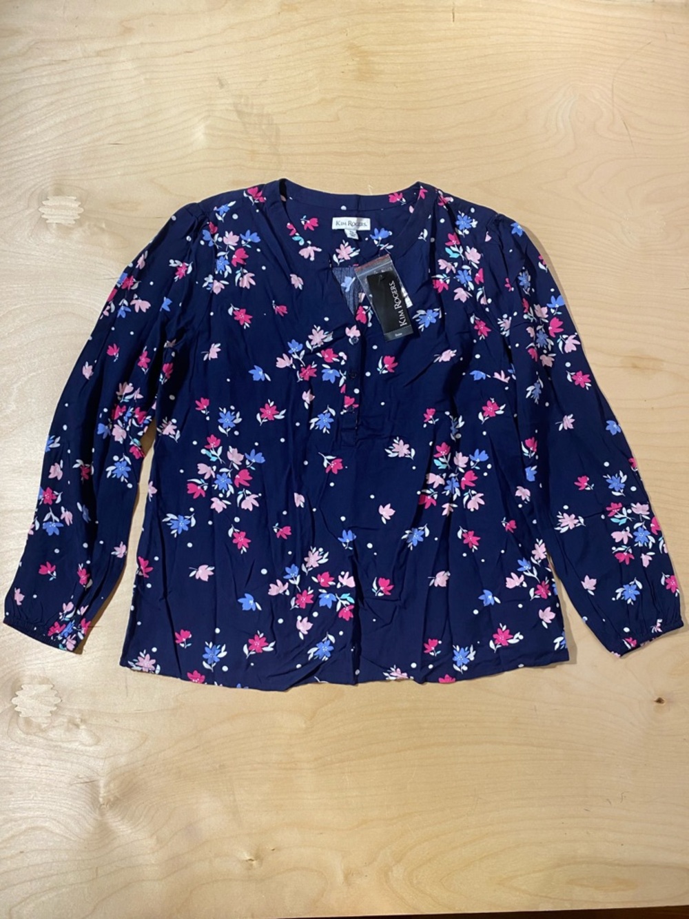 Kim Rogers Navy Floral Button-Front Top with Pink & Light Blue Blooms PM (RD)